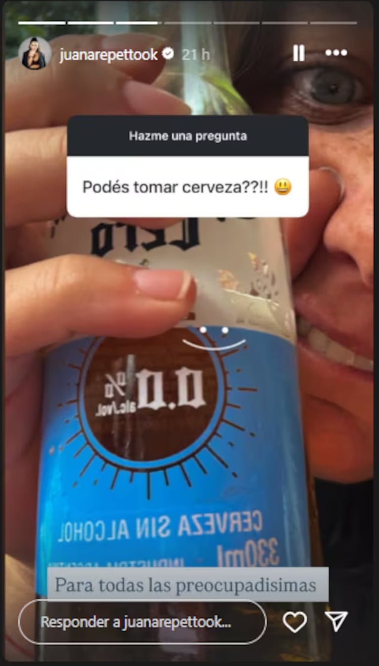 Juana Repetto se defendió de las críticas por una cerveza en su embarazo. CRÉDITO: Instagram