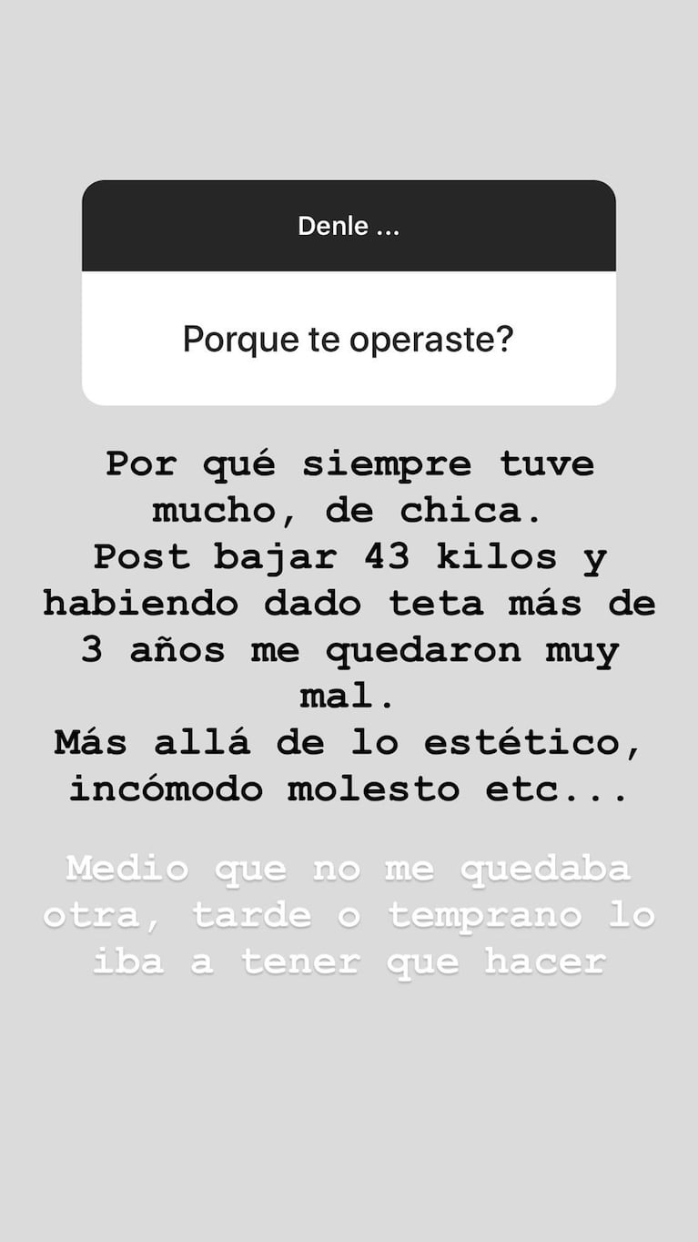 Juana Repetto se hizo las lolas y contó en Instagram por qué tomó la decisión: "Amamanté 3 años y me quedaron muy mal"