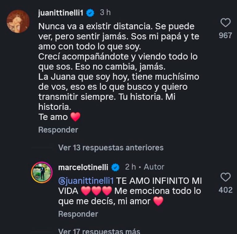 Juana Tinelli le respondió a Marcelo con amor, pese a la distancia