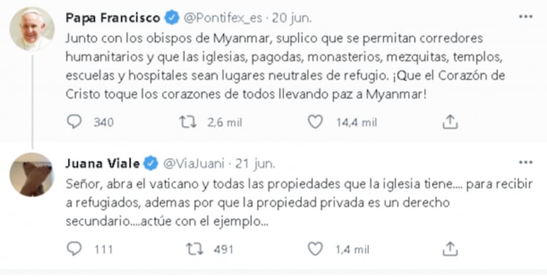 Juana Viale cruzó al Papa Francisco con un contundente tweet: "Actúe con el ejemplo"