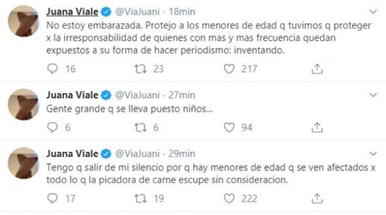 Juana Viale desmintió su embarazo y apuntó contra Moria y Ventura: "Gente grande que se lleva puesta niños"