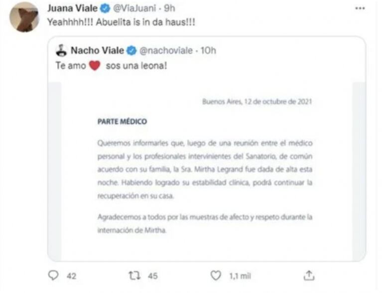 Juana y Nacho Viale celebraron con tiernos mensajes el alta de Mirtha Legrand: "Sos una leona"