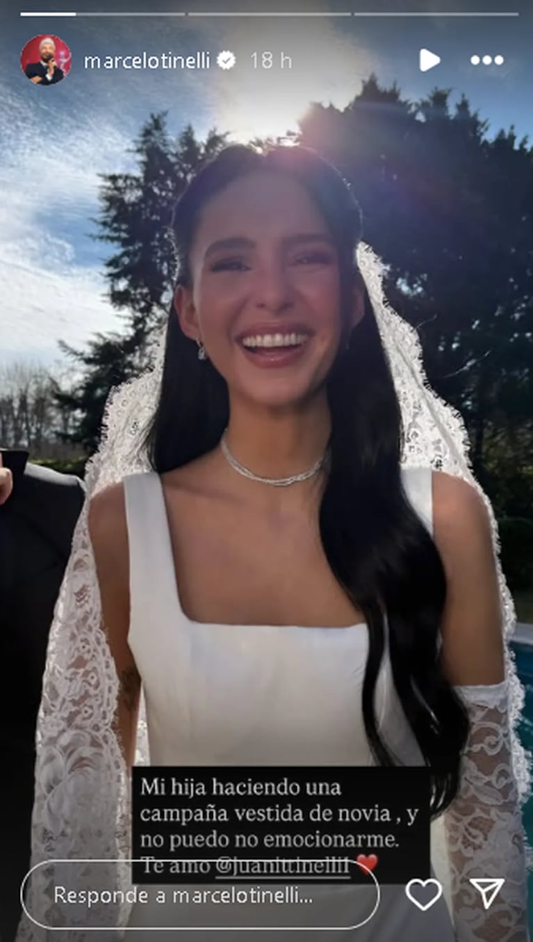 Juanita Tinelli protagonizó una campaña vestida de novia y conmovió a Marcelo Tinelli, que le dedicó un tierno mensaje. Crédito: Instagram/@marcelotinelli