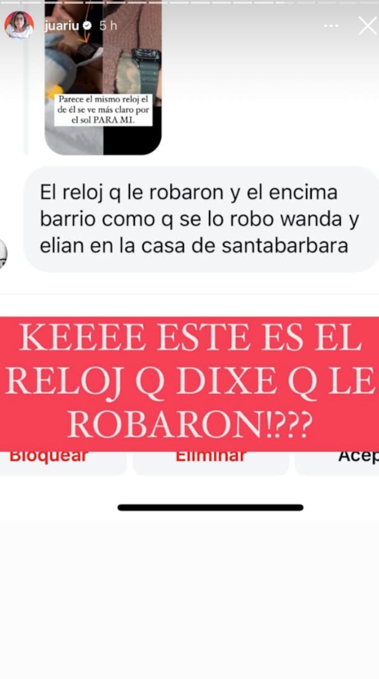 Juariu cree que el reloj que luce China sería de Mauro.