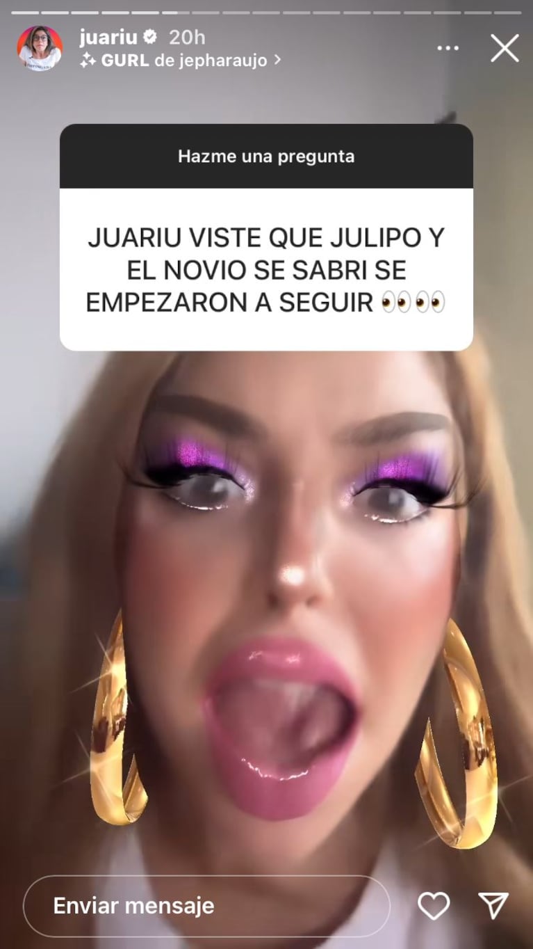 Juariu en sus historias de Instagram, impactada porque Brian, el ex de Sabrina, comenzó a seguir en redes a Julieta Poggio.