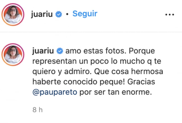 Juariu le dedicó un mensaje cariñoso a La Peque Pareto por haberle dejado su lugar MasterChef Celebrity: "Sos enorme"
