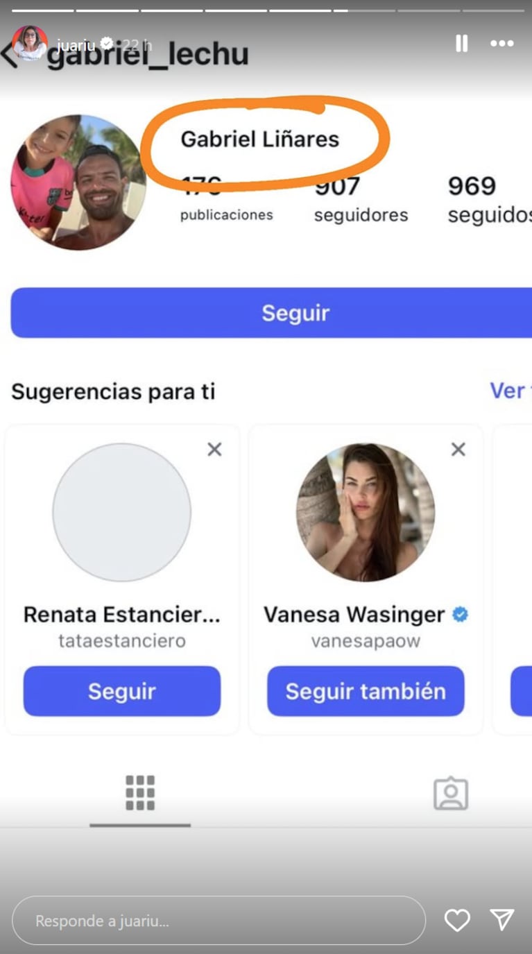 Juariu mostró la cara del novio de Sabrina Rojas. Foto: IG | juariu