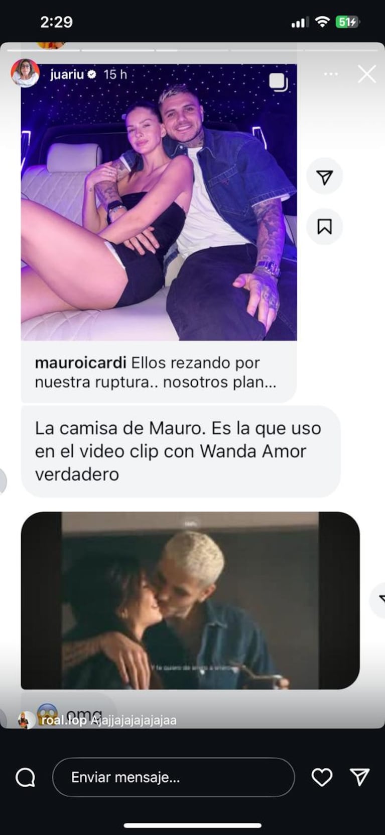 Juariu mostró las capturas de la camisa que Mauro Icardi usó en su posteo con la China Suárez y la canción 'Amor Verdadero' con Wanda Nara (Fotos: captura de Instagram).