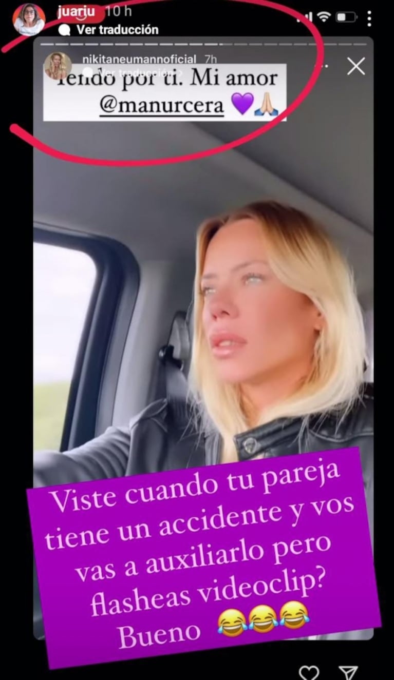 Juariu reaccionó con ironía ante el posteo de Nicole Neumann yendo a buscar a Manu Urcera tras su accidente