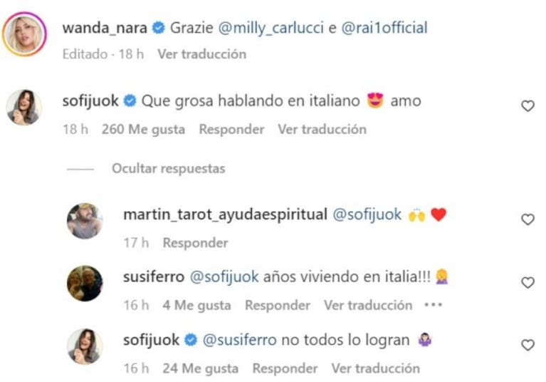 Jujuy Jiménez elogió a Wanda Nara por cómo habló italiano en una nota y se cruzó con un seguidor