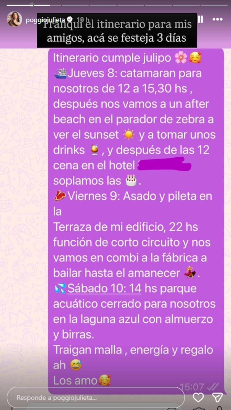 Juli Poggio mostró el itinerario para su cumpleaños en Carlos Paz: el festejo durará tres días | Créditos: Instagram @poggiojulieta