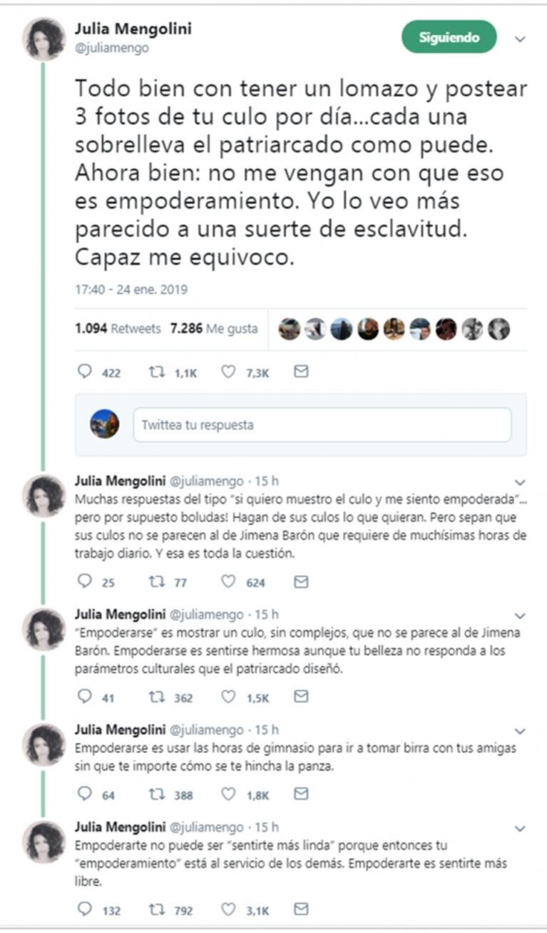 Julia Mengolini y un filoso análisis sobre las fotos sexies de Jimena Barón: "No me vengan con que eso es..."