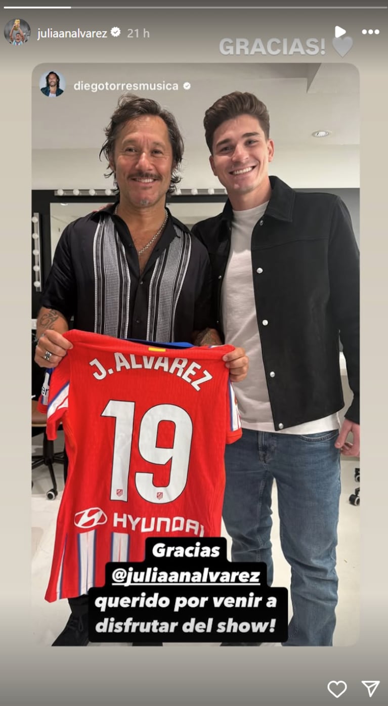 Julián Álvarez fue a ver el show de Diego Torres. Foto: IG | juliaanalvarez