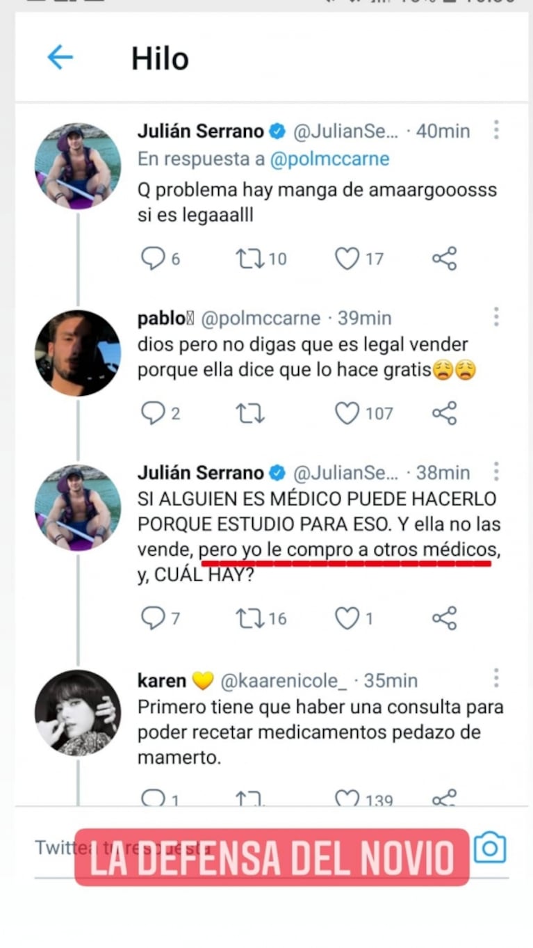 Julián Serrano, polémico con quienes acusan a su novia de vender recetas médicas: "Yo mismo las compro"