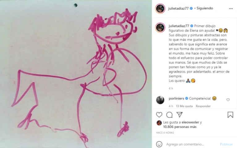 Julieta Díaz compartió el emotivo dibujo que hizo su hija: "Me hace feliz su avance en sus formas de comunicar y registrar el mundo"