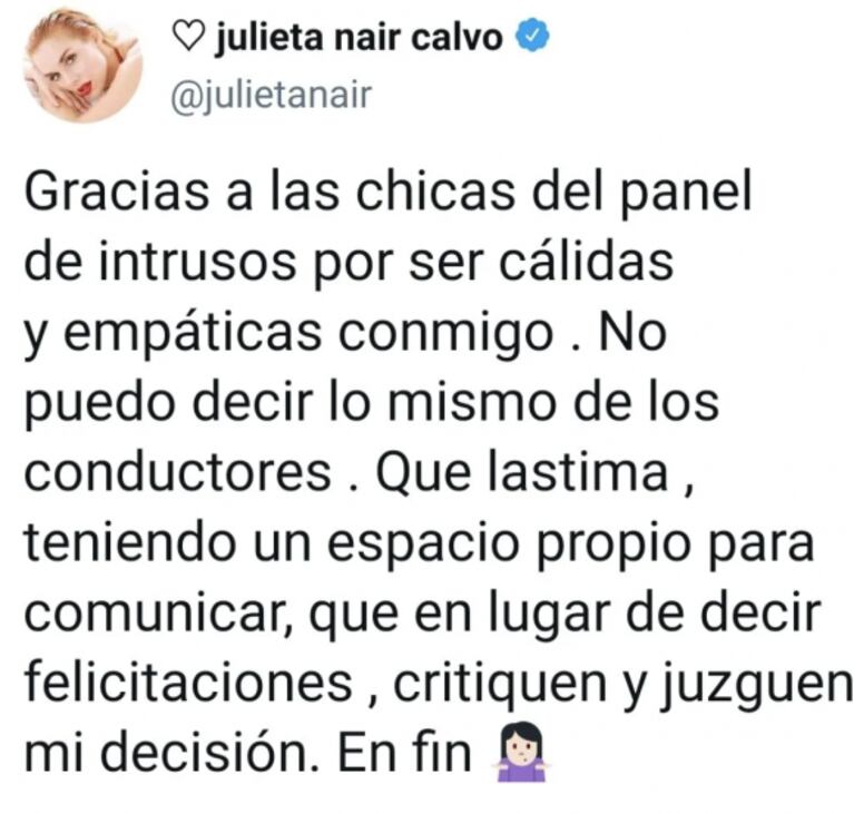 Julieta Nair Calvo apuntó contra Rodrigo Lussich y Adrián Pallares por opinar de su decisión de renunciar a La Academia: "Qué lástima"