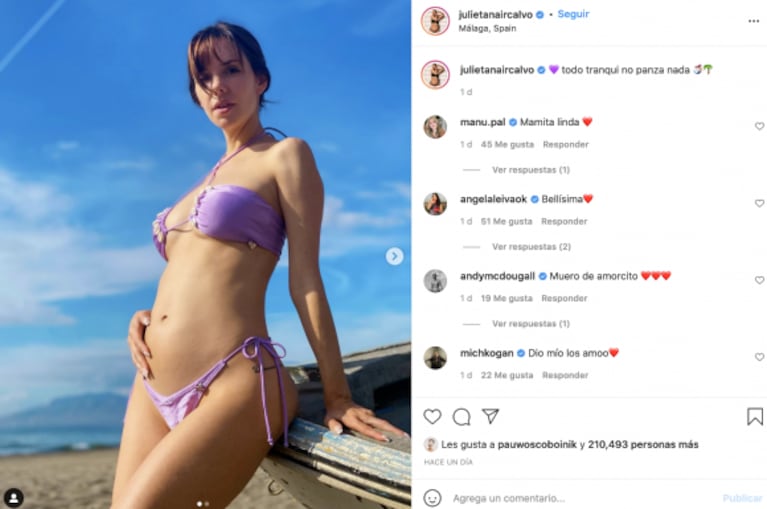 Julieta Nair Calvo mostró su pancita de embarazada y lució una sensual bikini en Málaga