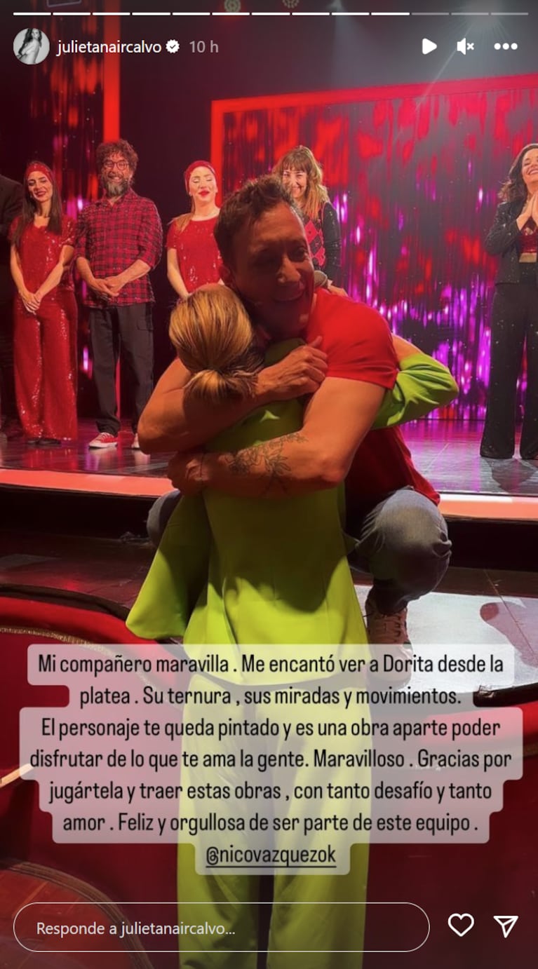 Julieta Nair Calvo vio Tootsie por primera vez desde la platea: qué le dijo a Nicolás Vázquez