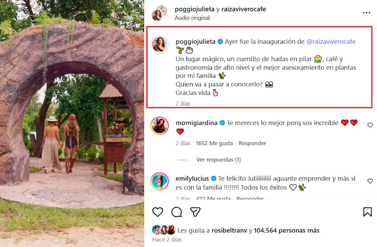 Julieta Poggio abrió un vivero-café . Foto: Instagram @poggiojulieta