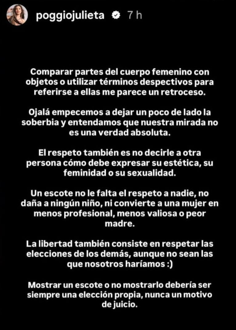 Julieta Poggio defendió a Daniela Celis tras las críticas de Mica Viciconte sobre cómo se viste (Foto: captura de Instagram/@poggiojulieta)
