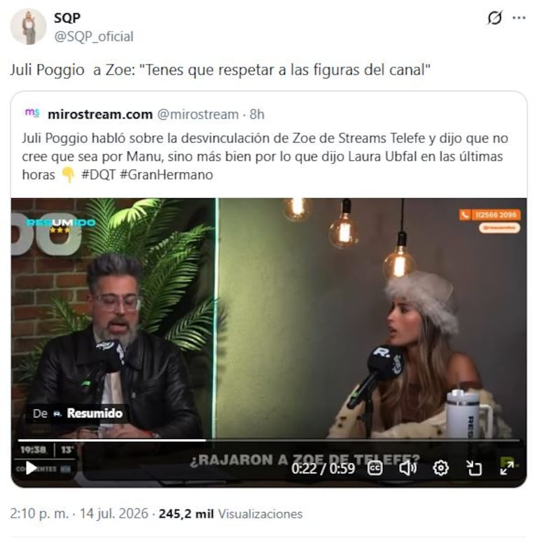Julieta Poggio habló de la desviculación de Zoe Bogach del streaming de Telefé (Foto: captura de X/@SQP_oficial).