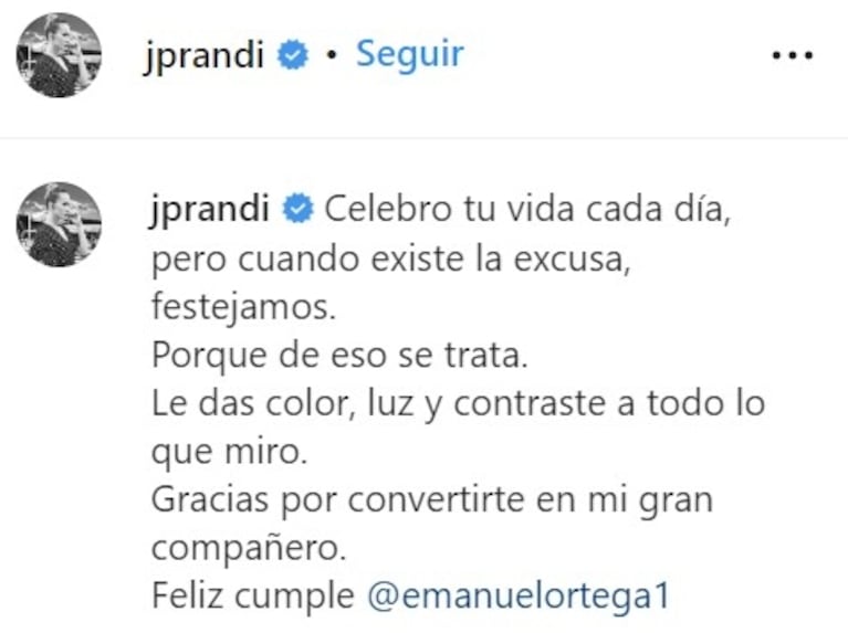 Julieta Prandi le dedicó un apasionado posteo a Emanuel Ortega por su cumple: "Mi gran compañero"