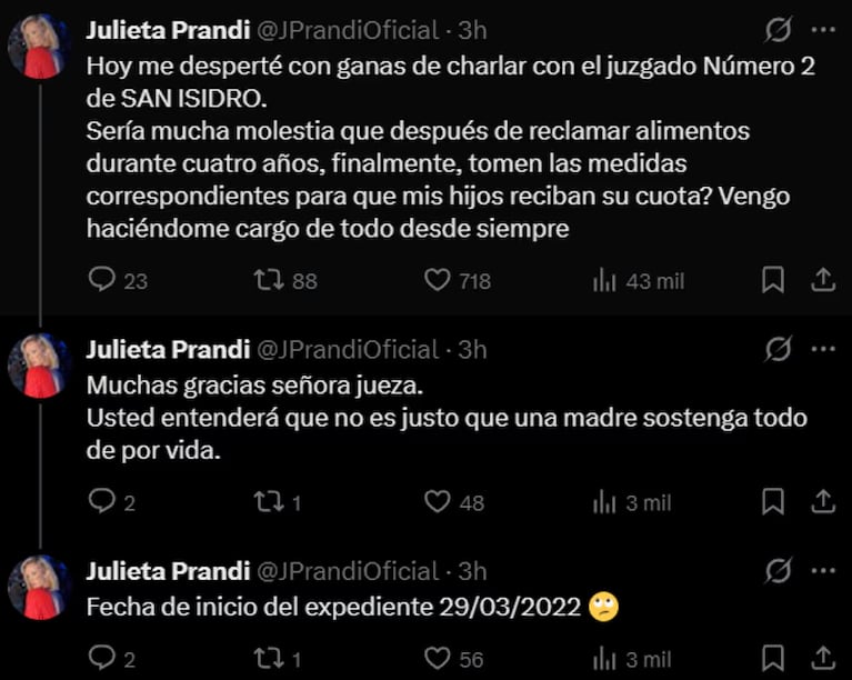 Julieta Prandi le reclama 4 años de cuota alimentaria a su ex. Crédito: X