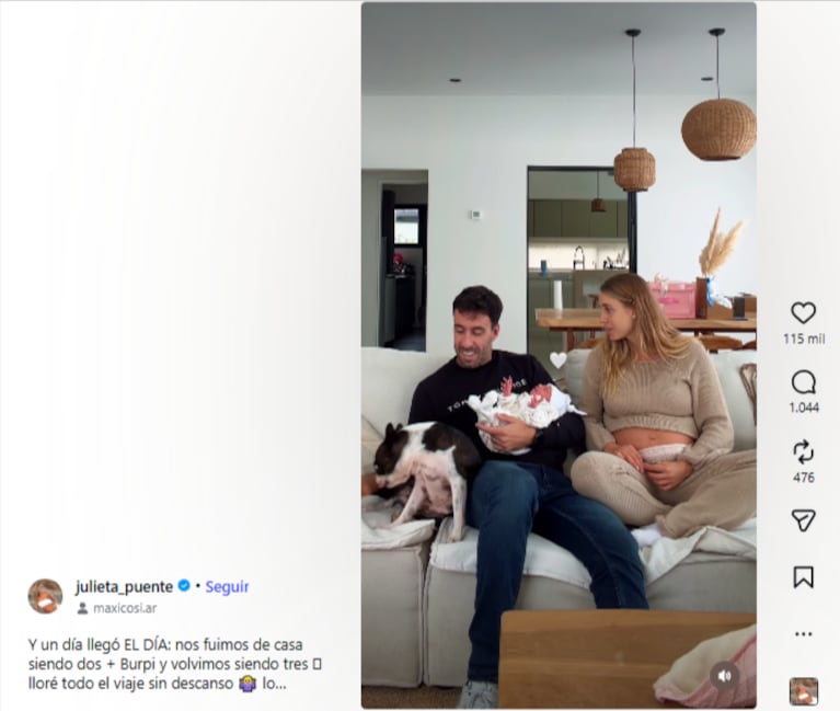 Julieta Puente junto a Facundo Miguelena y su beba Serena en el regreso a casa.
Fuente: Instagram @julieta_puente