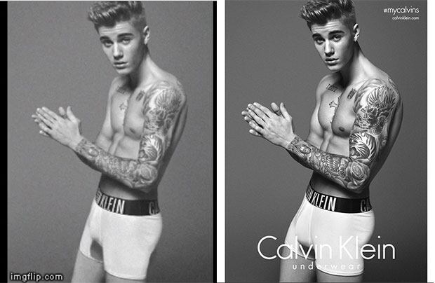 Justin Bieber, antes y después del presunto photoshopeado para la publicidad de Calvin Kein. (Foto: Breatheheavy.com)