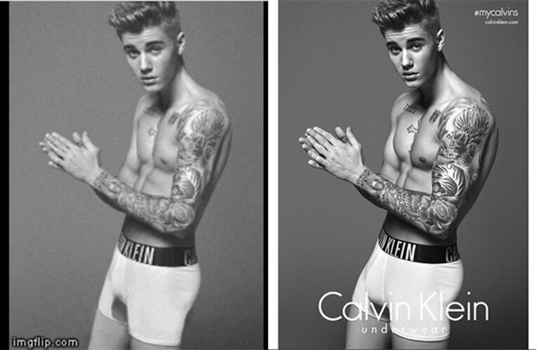 Justin Bieber, antes y después del presunto photoshopeado para la publicidad de Calvin Kein. (Foto: Breatheheavy.com)