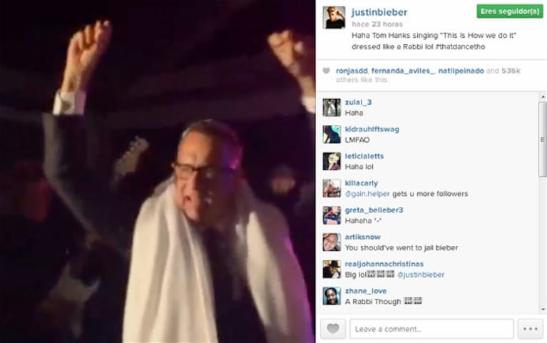 Justin Bieber grabó a Tom Hanks cantando como “loco” en una boda. (Foto: Instagram Justin Bieber)