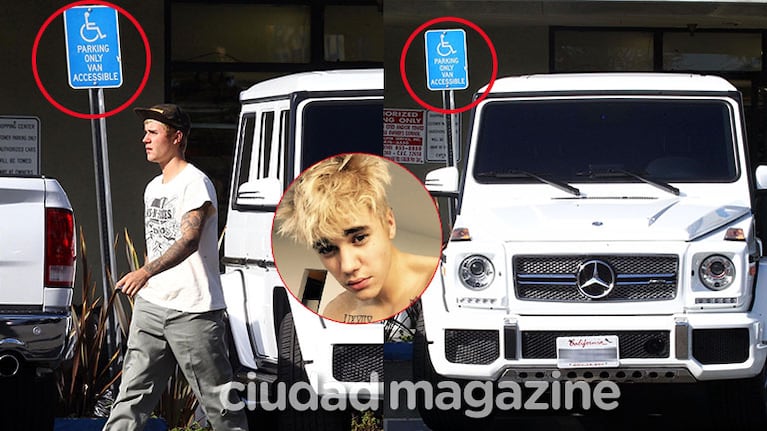 Justin Bieber y una actitud indiferente ante el cartel de estacionamiento para discapacitados (Fotos: GrosbyGroup).
