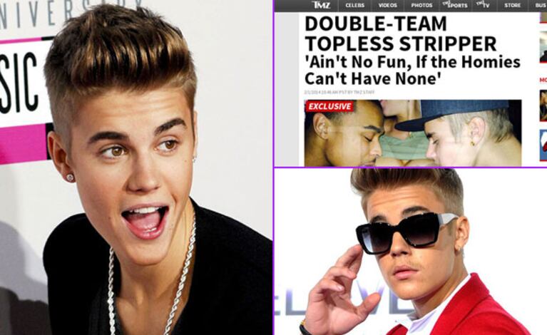 Justin Bieber y una polémica foto besando el pecho de una stripper. (Fotos: Web y captura TMZ)