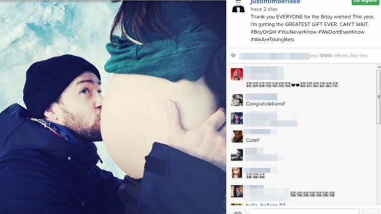 Justin Timberlake y la panza de Jessica Biel. (Foto: Instagram)