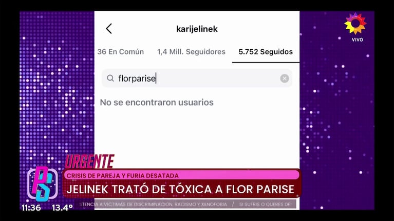 Karina Jelinek dejó de seguir en redes a Flor Parise (Foto: captura de eltrece).
