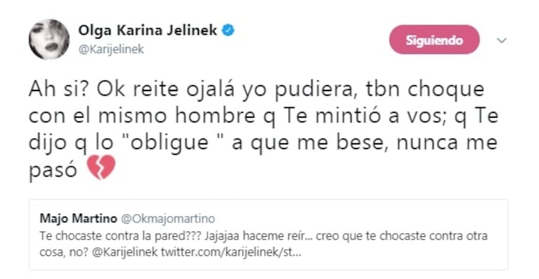 Karina Jelinek y un fuerte cruce con Majo Martino... ¡por un hombre!: "Yo también choqué con la persona que te mintió y te dijo que lo obligué a que me bese"