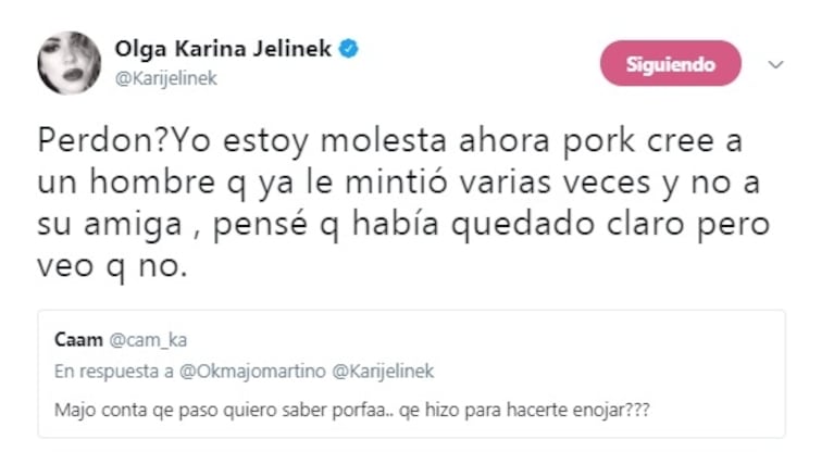 Karina Jelinek y un fuerte cruce con Majo Martino... ¡por un hombre!: "Yo también choqué con la persona que te mintió y te dijo que lo obligué a que me bese"