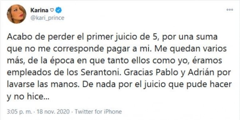 Karina la Princesita, furiosa tras perder un juicio: "Un aplauso a los cagones de los músicos"