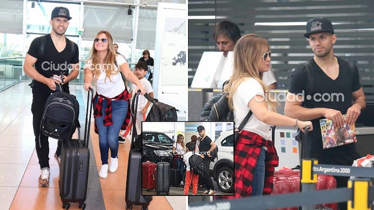 Karina "La Princesita" Tejeda y Sergio "Kun" Agüero, juntos con Benjamín en el Aeropuerto de Ezeiza. Foto: Movil Press - Ciudad.com