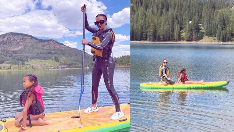 Kim practicó surf de remo con su hija mayor.
