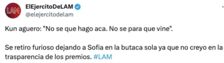 Kun Agüero protagonizó un escándalo en los Martín Fierro Latino: “No sé para qué vine”