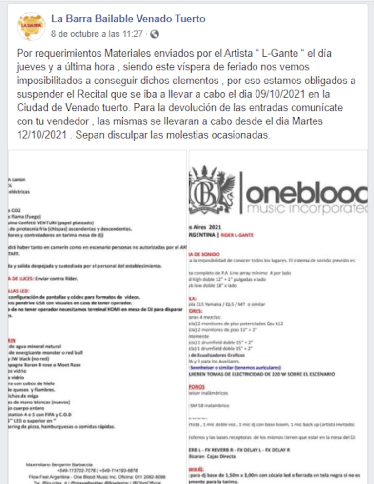 L-Gante puso una serie de requisitos para un show con drásticas consecuencias: "Estamos obligados a suspender el recital"