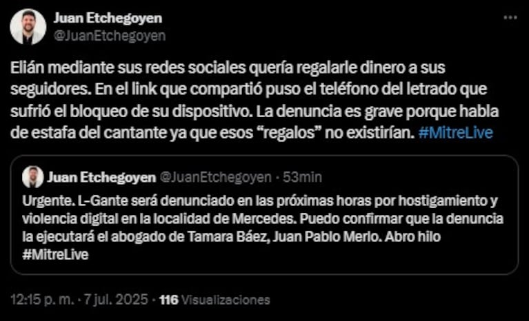L-Gante recibirá una nueva denuncia en su contra | Crédito: X @JuanEtchegoyen
