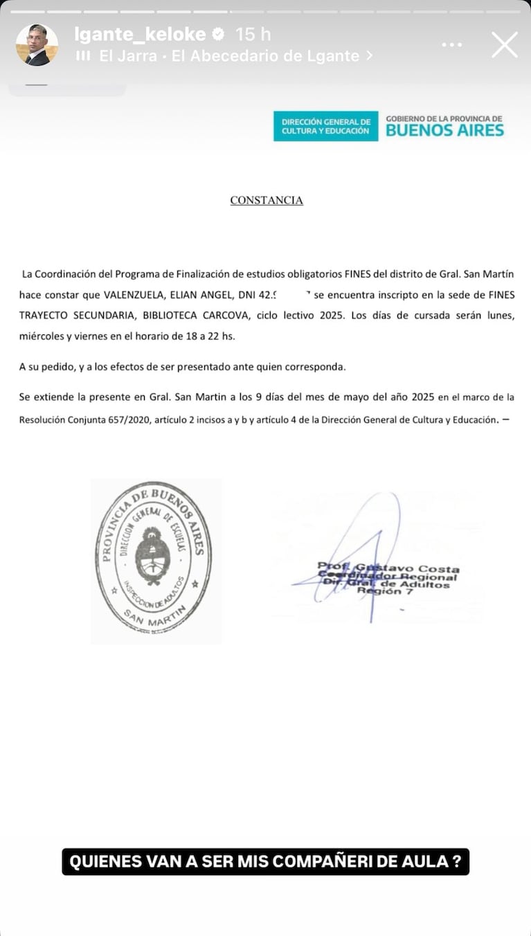 L-Gante se anotó para terminar la secundaria (Foto: captura de redes sociales).