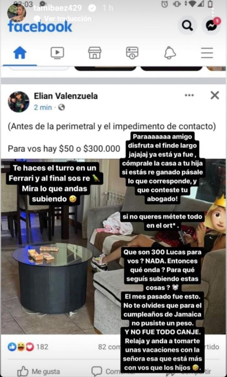 L-Gante subió una foto dándole plata a Tamara Báez y ella explotó de bronca: "¿Qué son 300 lucas para vos? Nada"