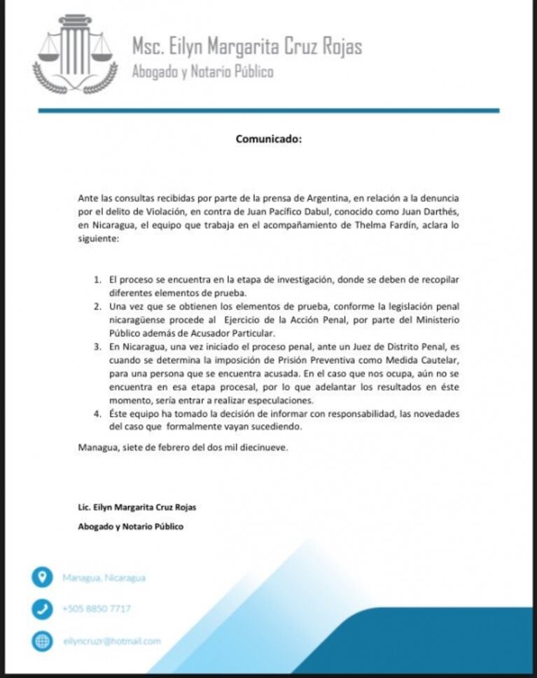 La abogada de Thelma Fardin, sobre un hipotética detención de Juan Darthés en Nicaragua: "Decir eso es entrar en especulaciones"