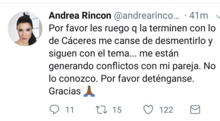 La aclaración de Andrea Rincón sobre el rumor de romance con Luciano Cáceres que después borró: "Me están generando conflictos"