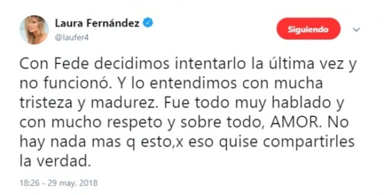 La aclaración de Laurita Fernández tras anunciar su separación de Fede Bal: "Quise compartirles la verdad"