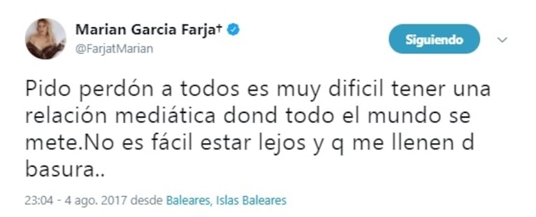 La aclaración de Marian Farjat tras borrar las fotos de la supuesta infidelidad de Brian Lanzelotta: "Es muy difícil tener una relación mediática donde todo el mundo se mete"