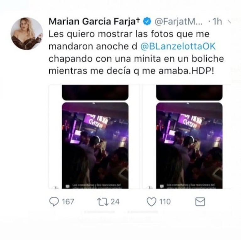 La aclaración de Marian Farjat tras borrar las fotos de la supuesta infidelidad de Brian Lanzelotta: "Es muy difícil tener una relación mediática donde todo el mundo se mete"